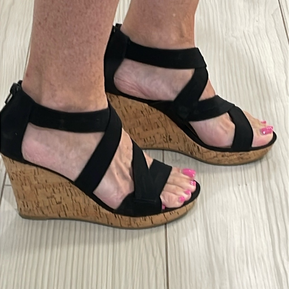 Black strappy cork wedges